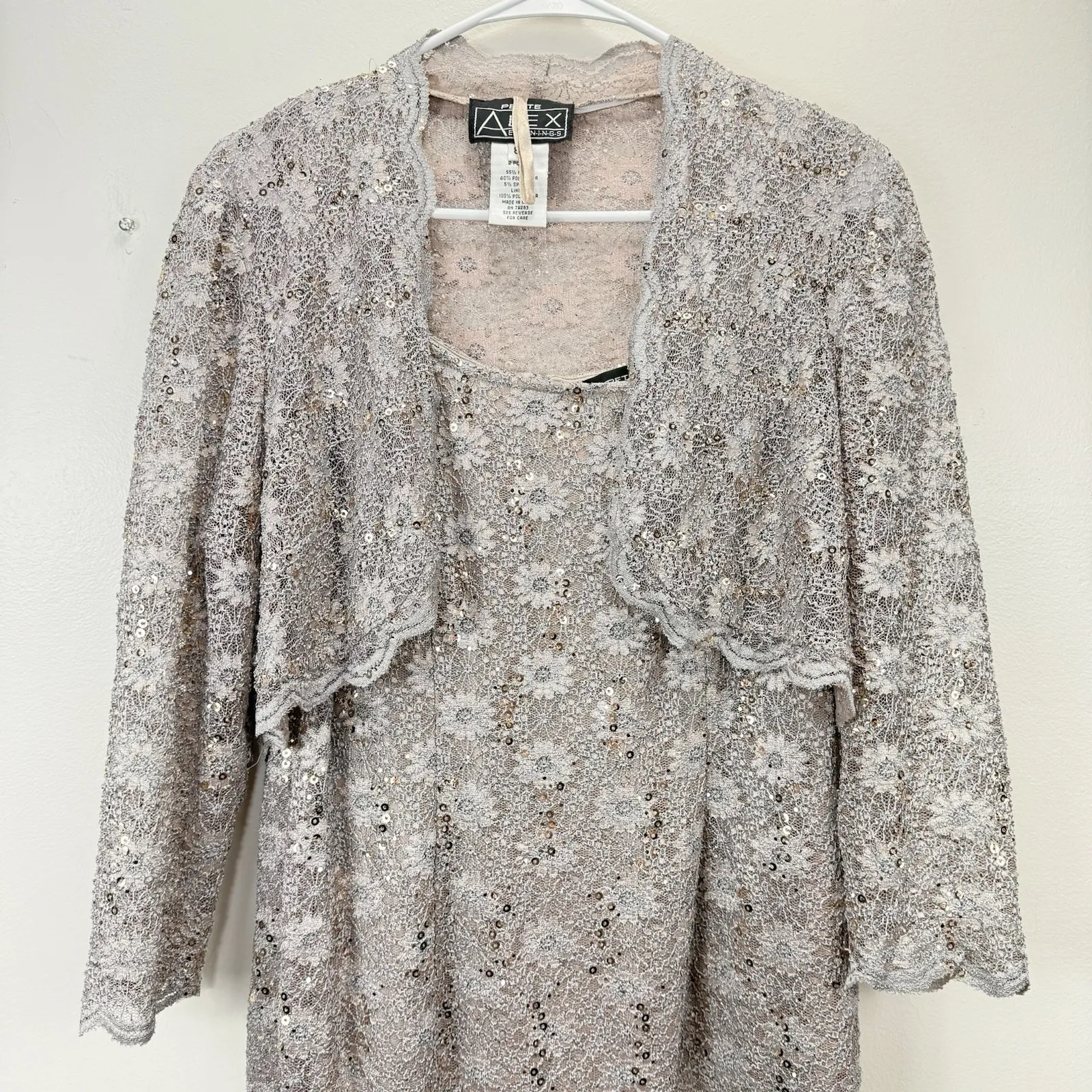 Alex Evenings Champagne Lace Sequin Two Piece Jacket Sleeveless Dress Size 8P - Image 4