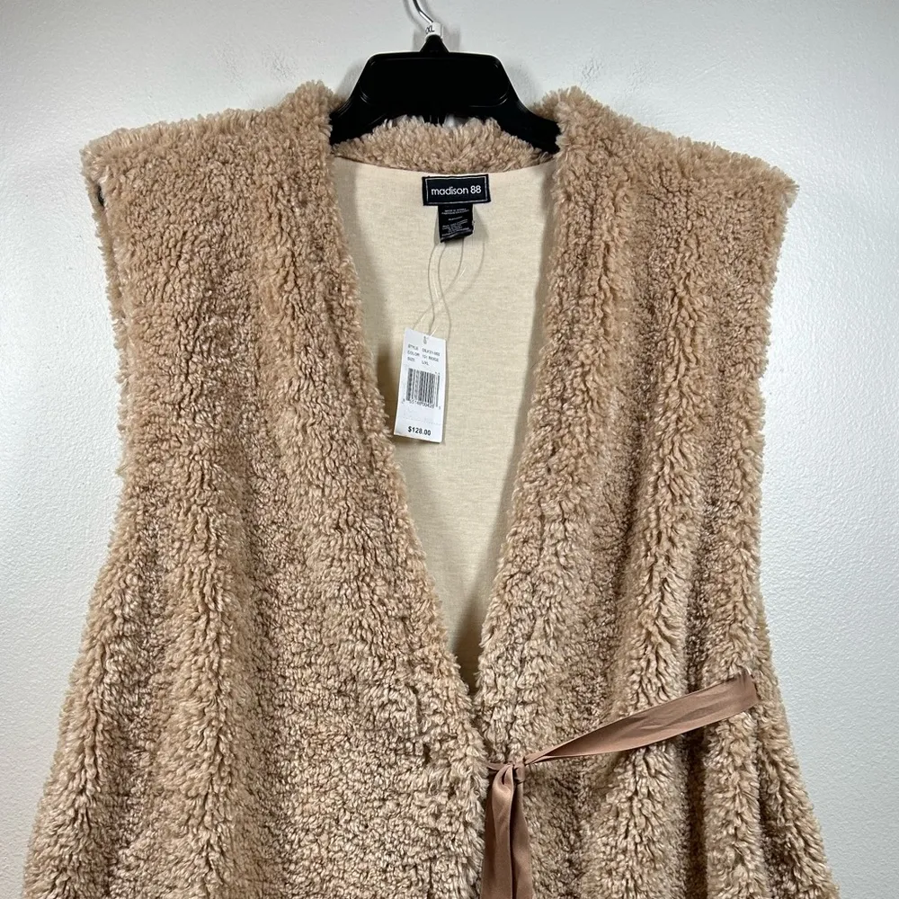 Madison 88 Faux Fur Fluffy Vest with ribbon tie Pockets Fuzzy Cozy Tan Size undefined - Image 6