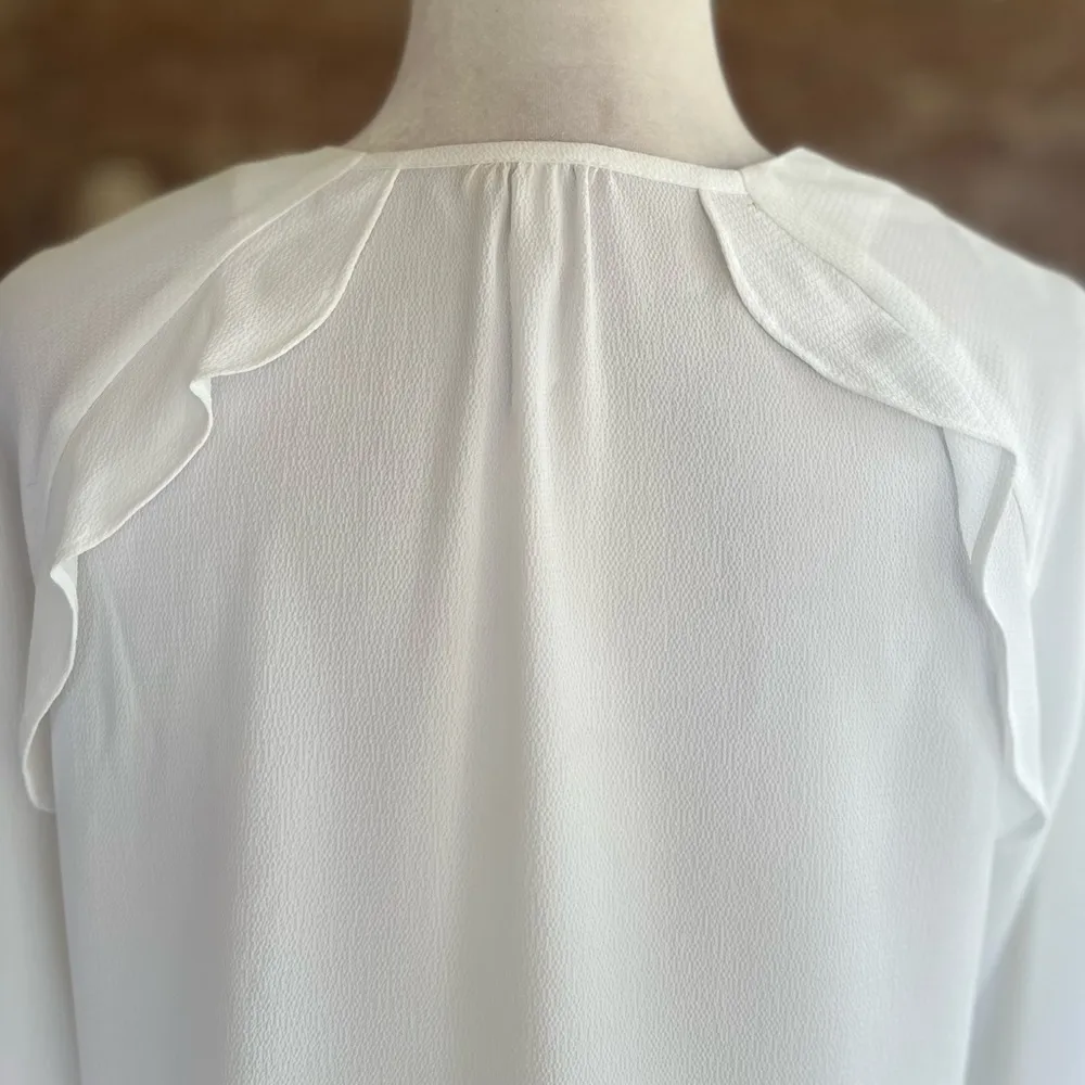 NY Collection Top Ruffles Crepe Long Sleeve White V-Neck Blouse S Work Date Chic - Image 8
