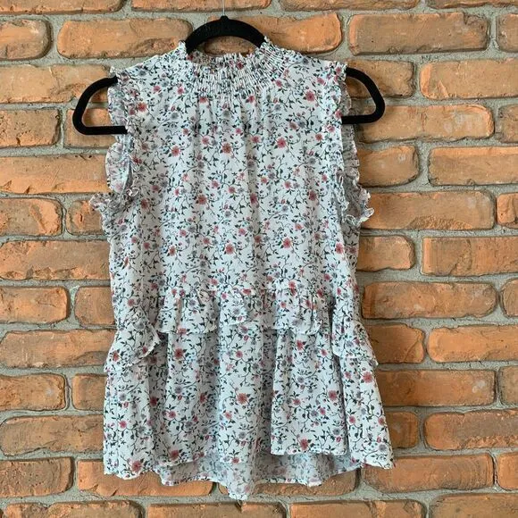 Hayden Los‎ Angeles Tank Top Womens Small White Floral Smock Neck Ruffle Blouse - Image 3