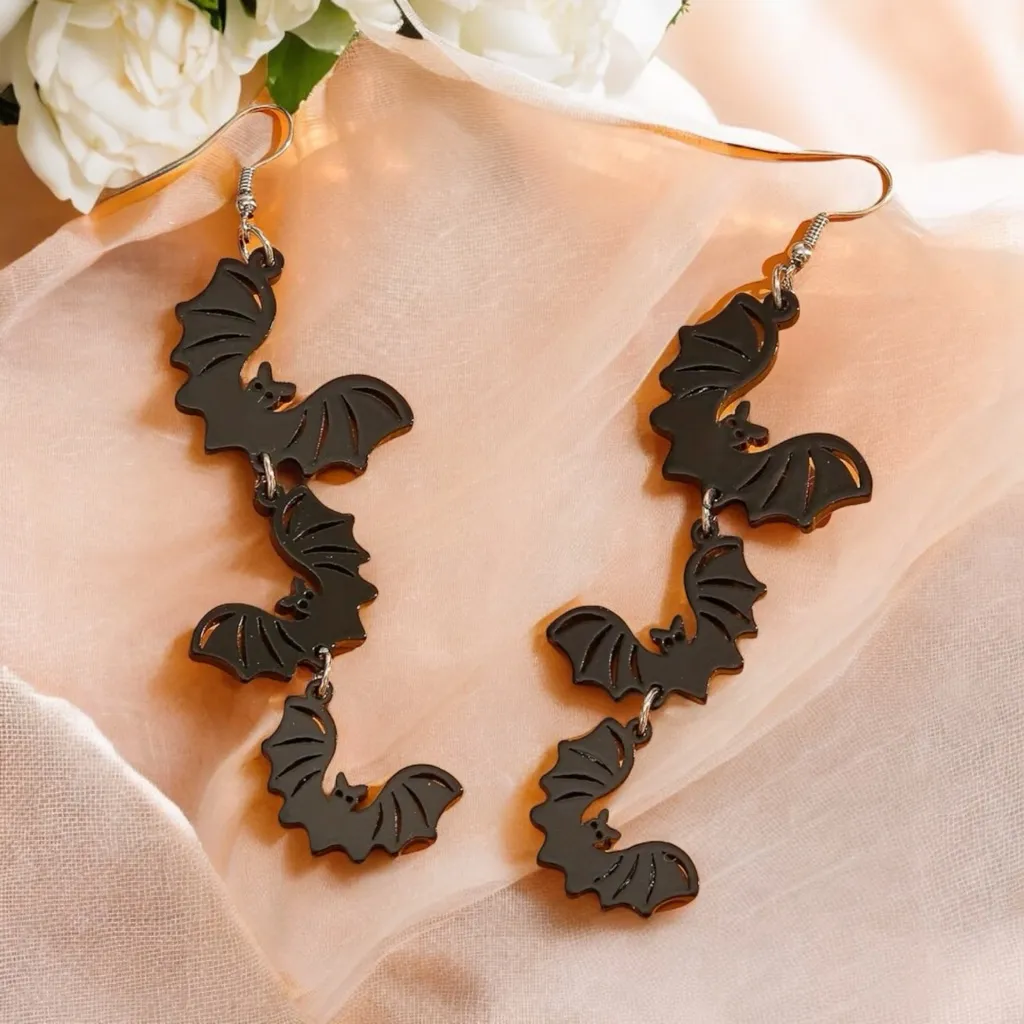 Cute 3 Black Bat Design Long Dangle Earrings Cute Party Style Acrylic Halloween‎ - Image 5