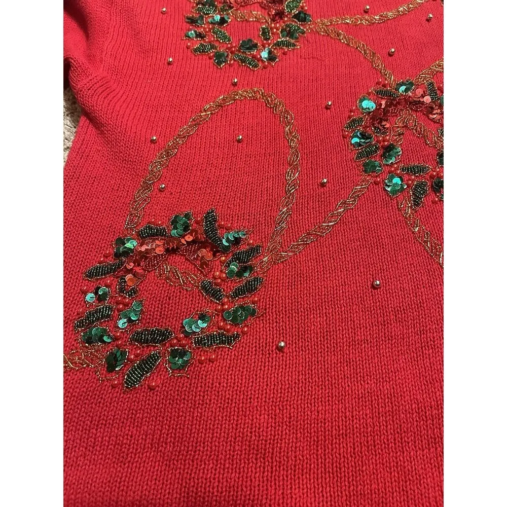 Victoria Harbour Ugly Christmas Sweater Medium Red Beaded Sequin Wreaths Vintage - Image 2