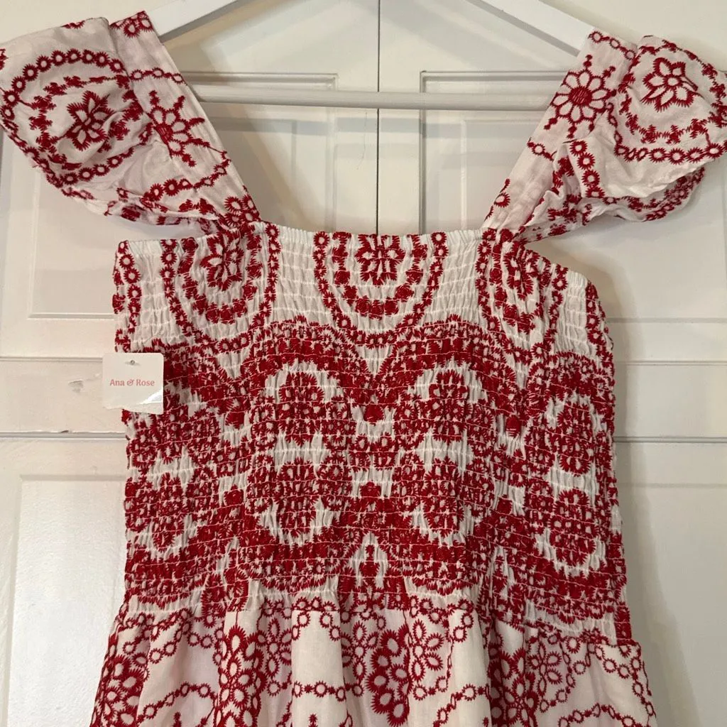 Ana & Rose NWT white and red embroidered eyelet midi smocked dress M Size M - Image 5