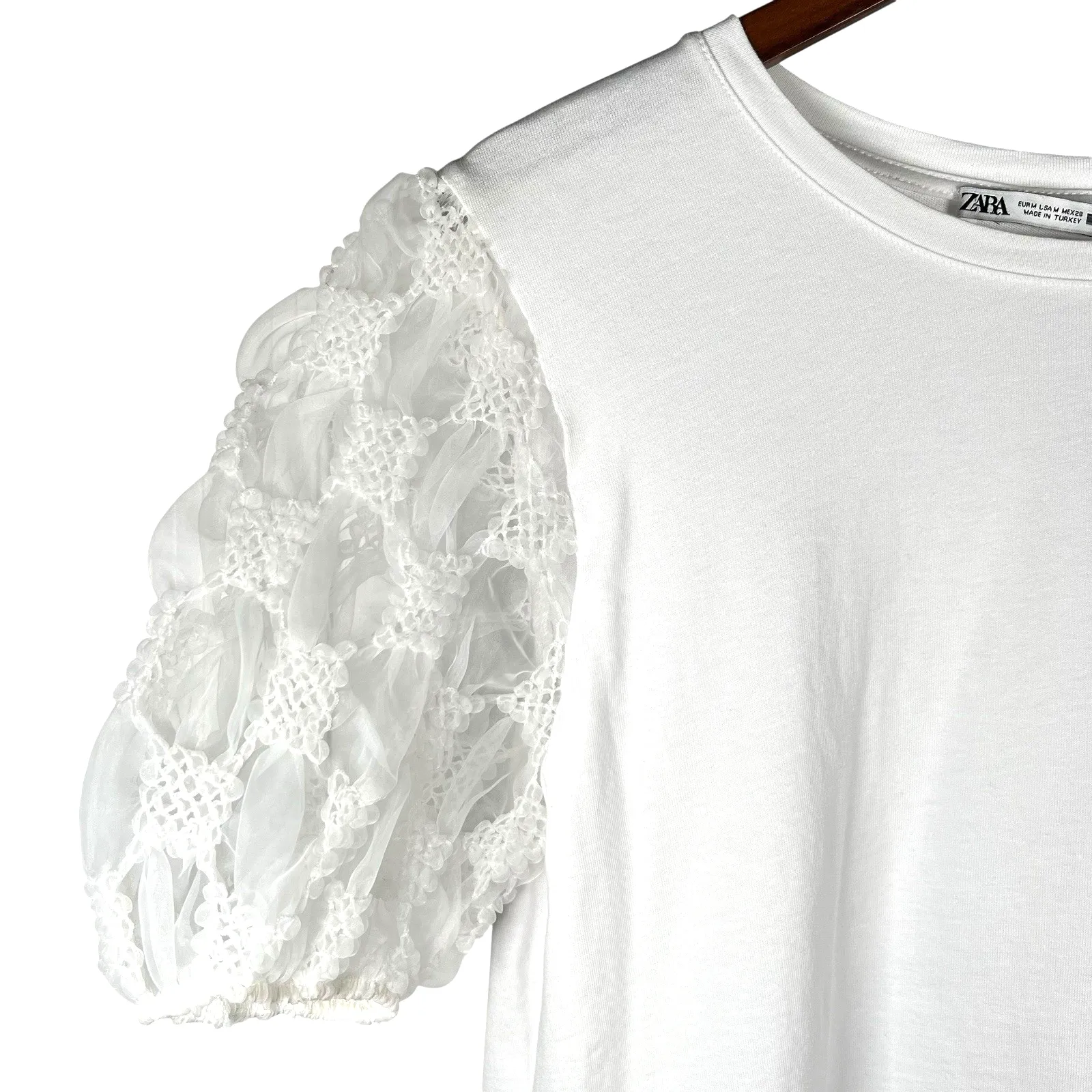 Zara Womens White Short Sleeve Shirt with Organza Balloon Sleeves Size Medium - Image 2