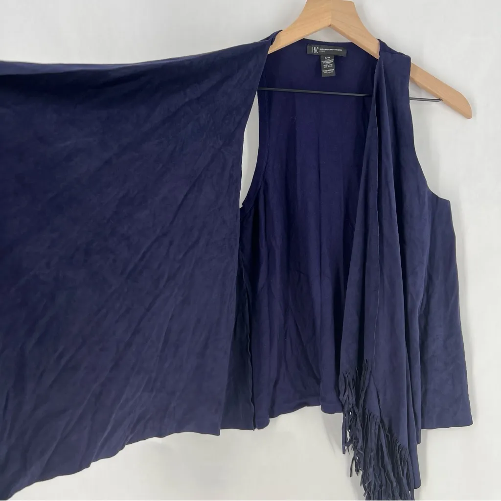 INC Navy Faux Suede Knit Combo Fringe Draped Open Front‎ Vest Festival Boho M Blue Size undefined - Image 5