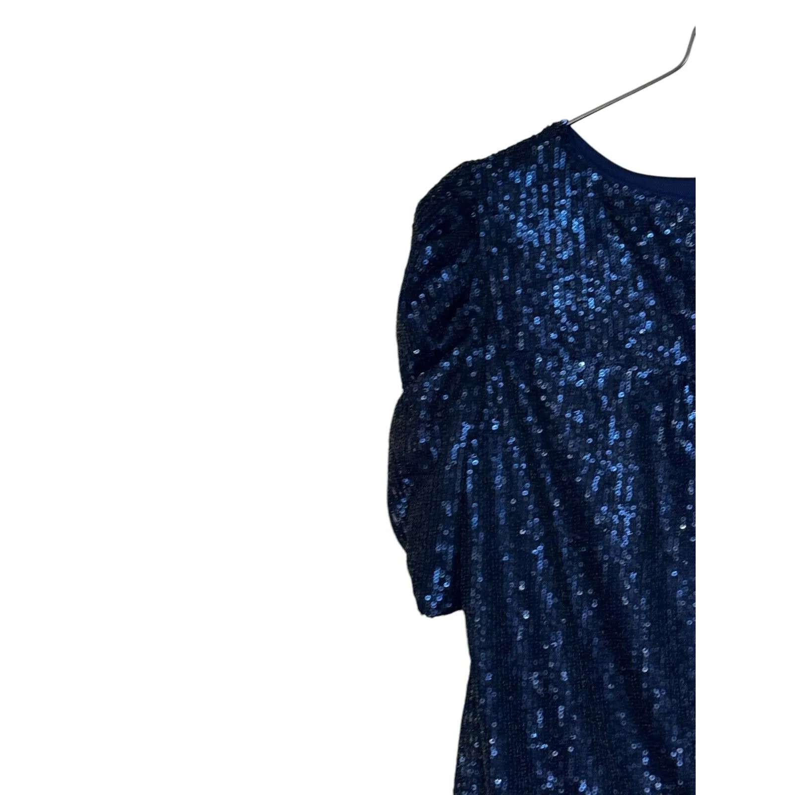 Anthropologie Women's Top Semi-Sheer Lined‎ Sequin Ruched Puff Sleeve Blue Sz.2 - Image 11