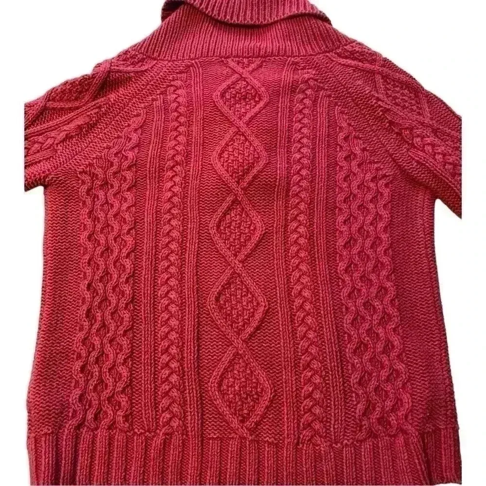 Vintage Eddie Bauer Womens Sweater Cable Knit Red Fisherman‎ Cowl V Neck Sz PS - Image 2