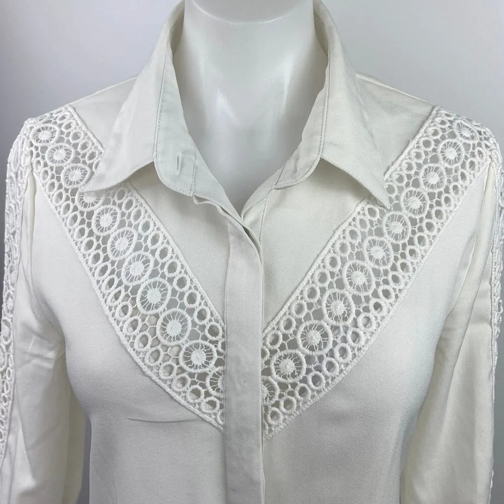 Glamorous White Button Down Lace Crochet Trim 3/4 Sleeve Midi Shirt Dress Sz 12 - Image 3