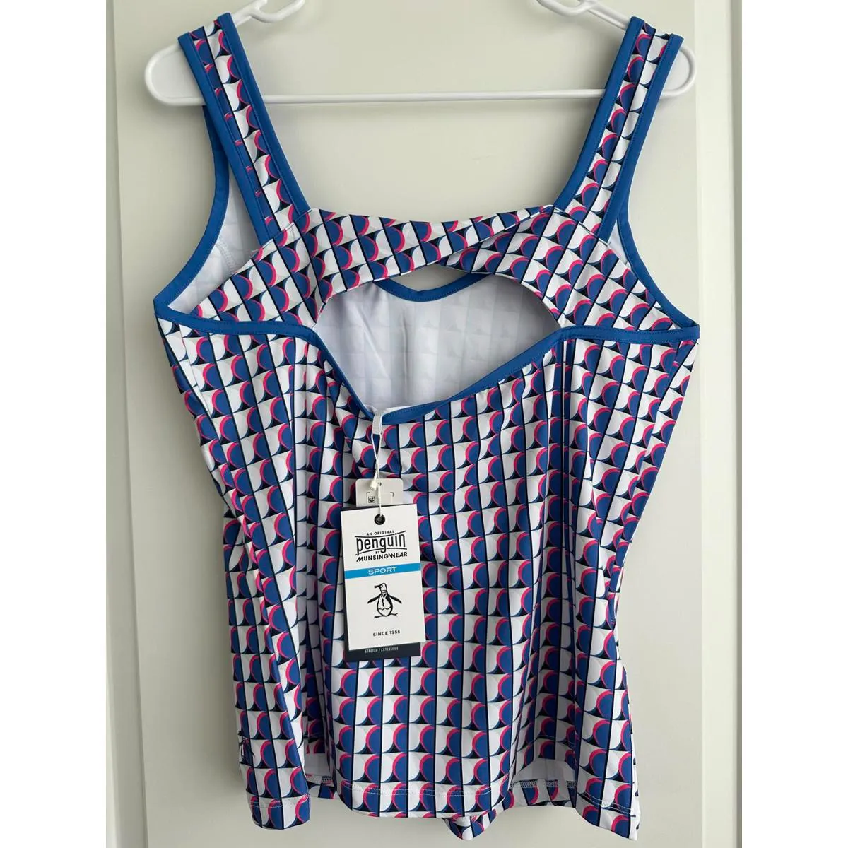 Penguin Geo Print Sweetheart Neckline Back Knot Tennis Tank Top Nebulas Blue - Image 8