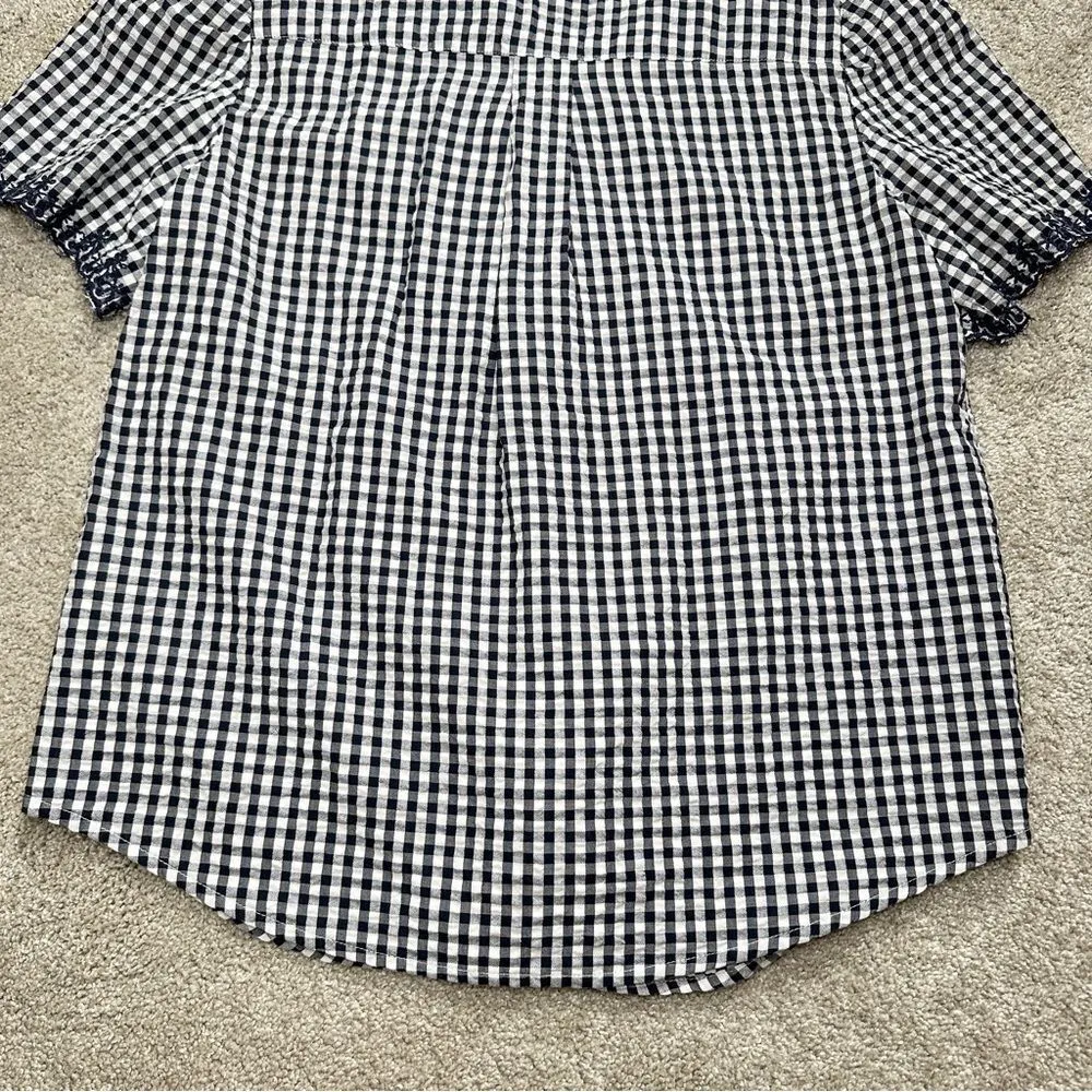 J.Crew Embroidered Indigo Crinkled Gingham Short Sleeve Navy White Top Cotton XS - Image 11