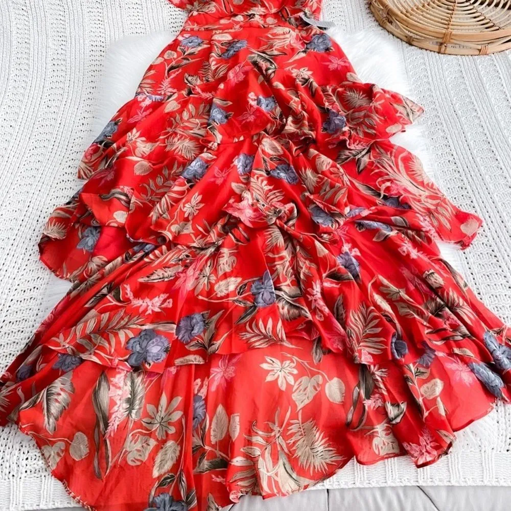 WAYF Chelsea Tiered Ruffle Maxi Dress Red Tropical Flutter Sleeves Floral NEW 1X - Image 12