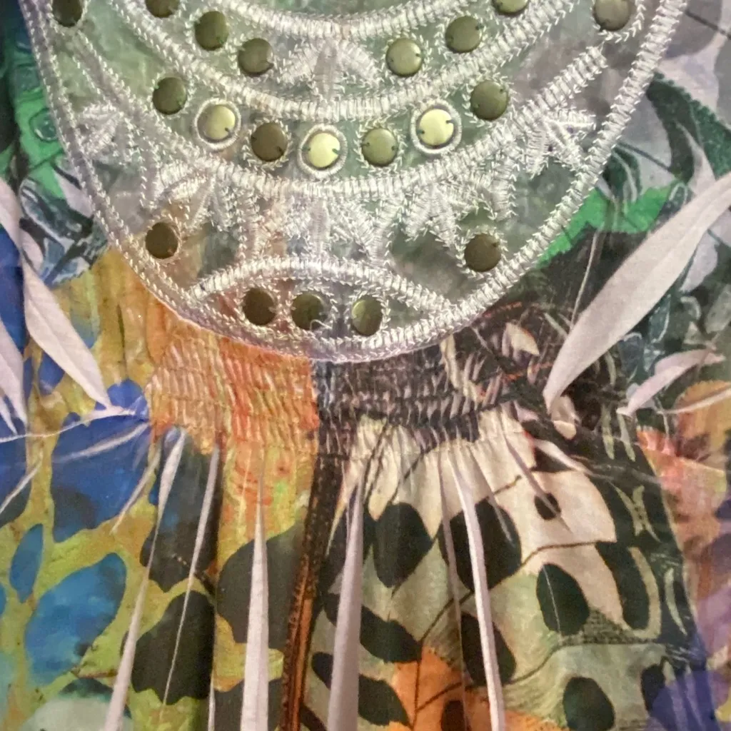 BLEU Brand Womens Blouse Top S Butterfly Boho Print Metal Neck Detail Sharkbite Purple - Image 4