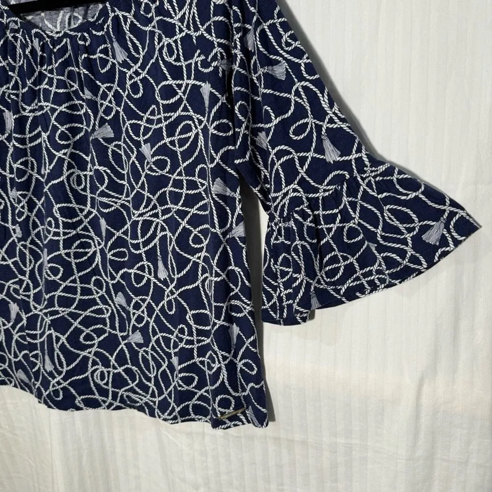 MK Michael Kors 3/4 Bell Sleeve Nautical Blouse Medium Marina Canvas Tassel Rope - Image 3