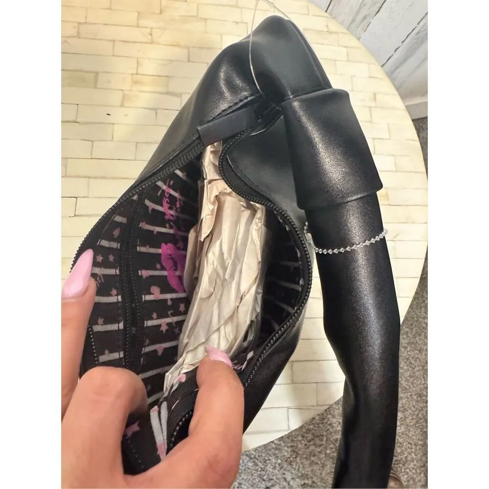 Betsey Johnson Black Faux Leather Shoulder Bag | Soft Hobo Purse with Kiss Print - Image 6