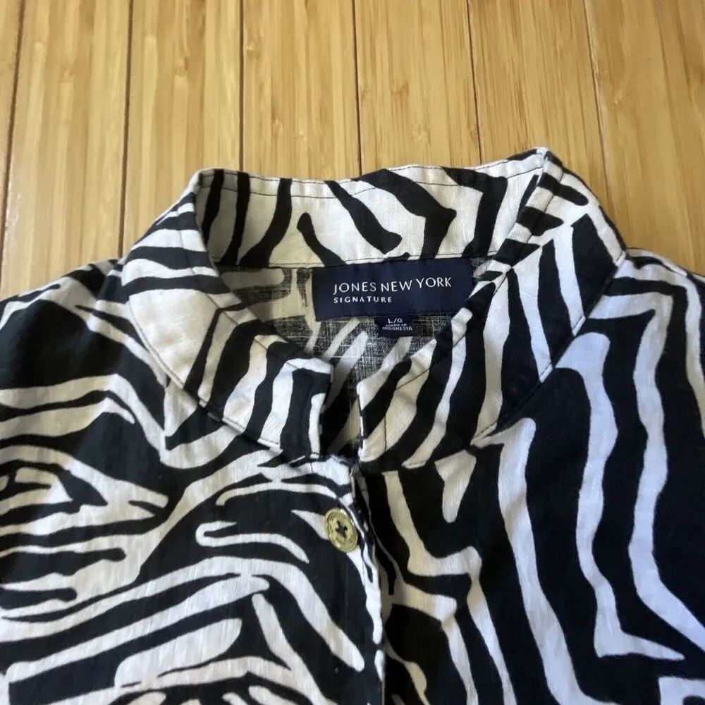 Jones New York Signature Linen Zebra Print Shirt Shacket Womens Sz L 3/4 Sleeve - Image 9