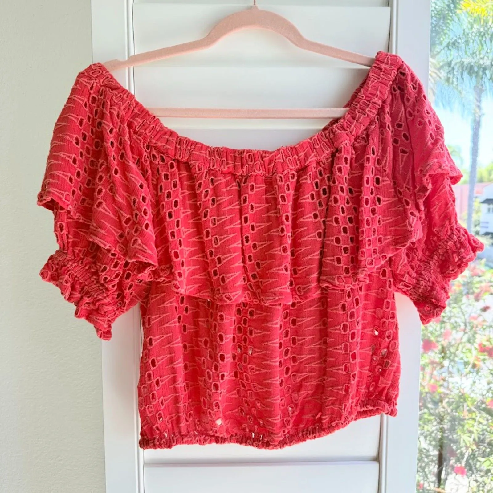 Free People 'That Girl' Eyelet Ruffle off the shoulder Crop Top in Red size S - Image 2