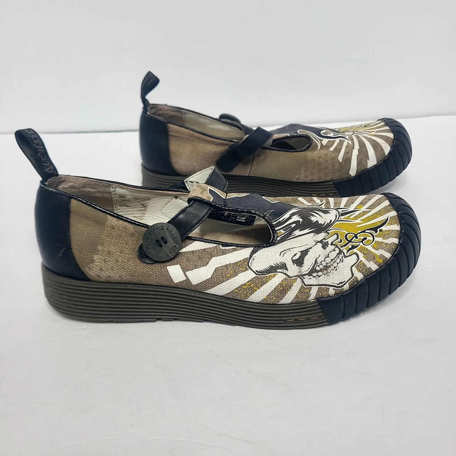 Dr Doc‎ Martens 12585 Shoes Womens 9 41 Tan Skulls Rising Sun Canvas Mary Jane - Image 2