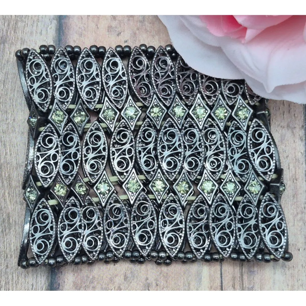 Wide Stretch Bracelet Black Gun Metal Statement Filigree & Rhinestones One Size - Image 4
