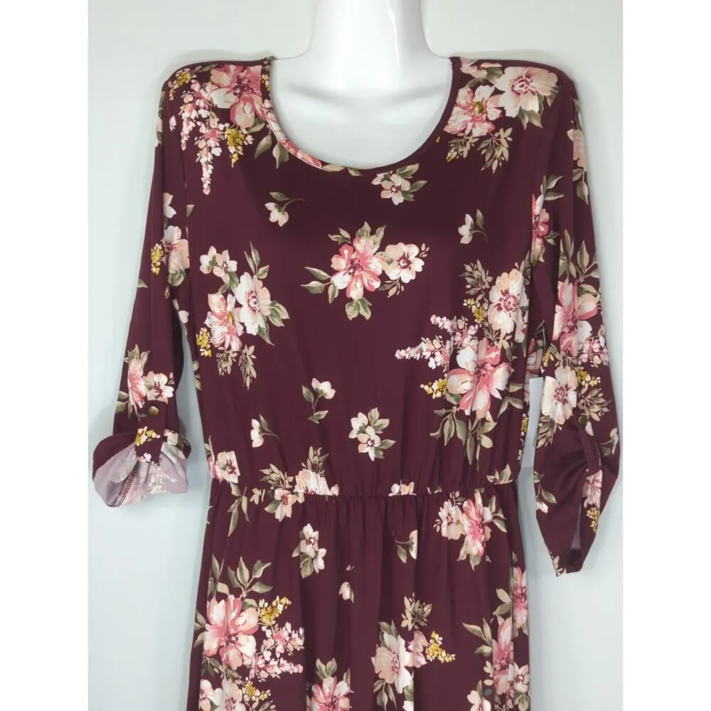 French Grey Women's Floral‎ Brushed Knit Dress Burgundy Medium NWT Bohemian - Image 2