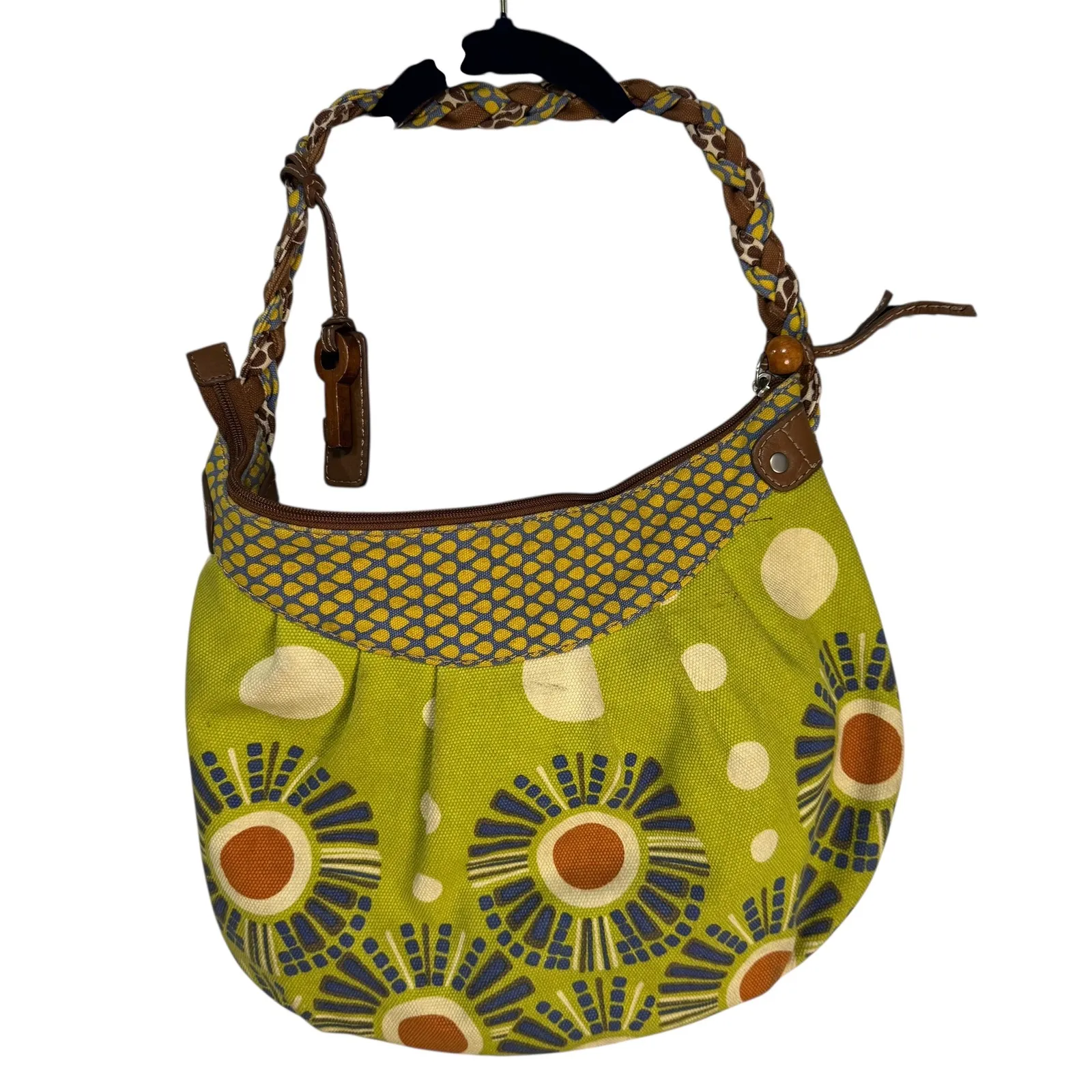 Fossil Shoulder Bag Green Floral Print Braided Strap Hobo Style 70s/80s Vintage - Image 2