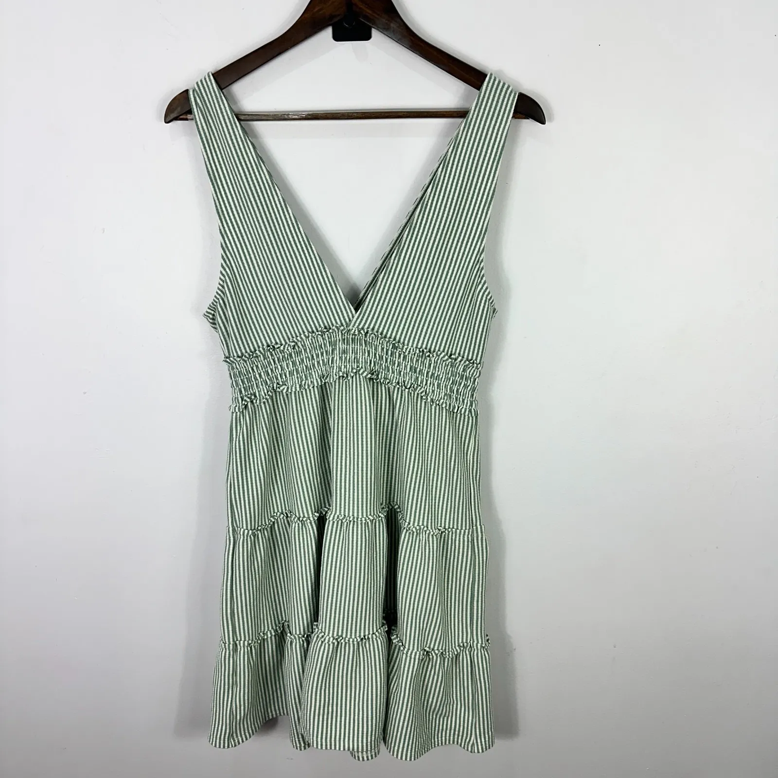 American Eagle Dress M Green Stripe Smocked Tiered Cottagecore Coastal Granola - Image 4