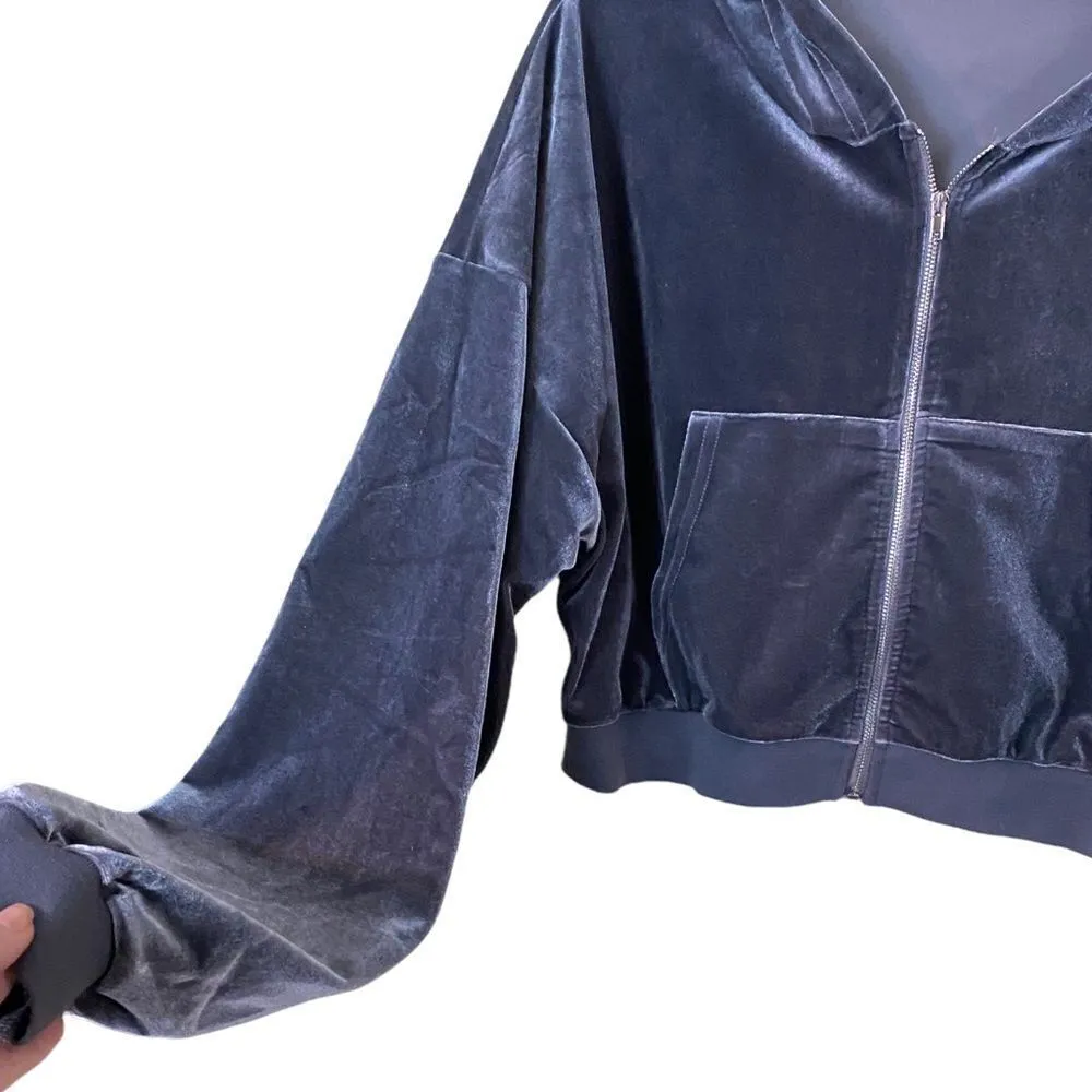 Adika Gambino Gray Zip-Up Velvet Crop Top Hoodie Size XL - Image 6