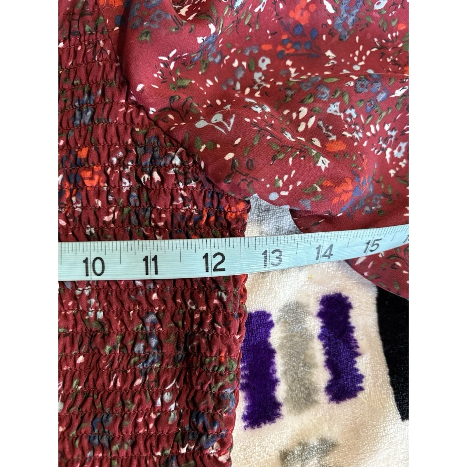 Jopna Blouse Size‎ L Burg/Blue Floral Smocked Body Long Chiffon Sleeves Ruffle Red Size L - Image 6