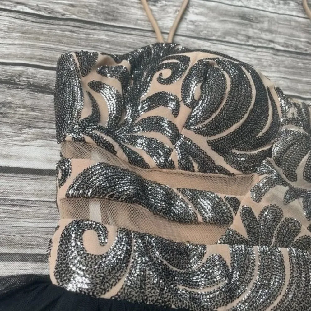 Blondie Nites by Stacy Sklar Formal Mini Dress 9 Black Nude Silver Sheer Sequins - Image 5