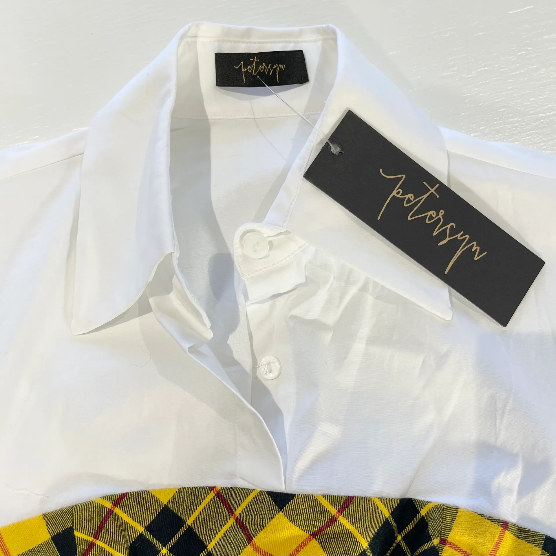 New  Plaid Bodice Overlay Button Down Shirt Monroe Yellow White - Image 17