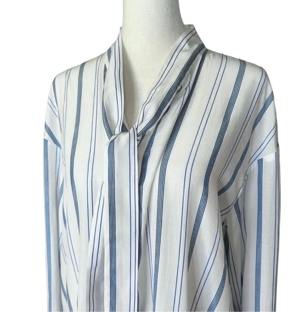 Elizabeth And James Blue Stripe Tie Neck Tunic Button Down Blouse Size Large - Image 5