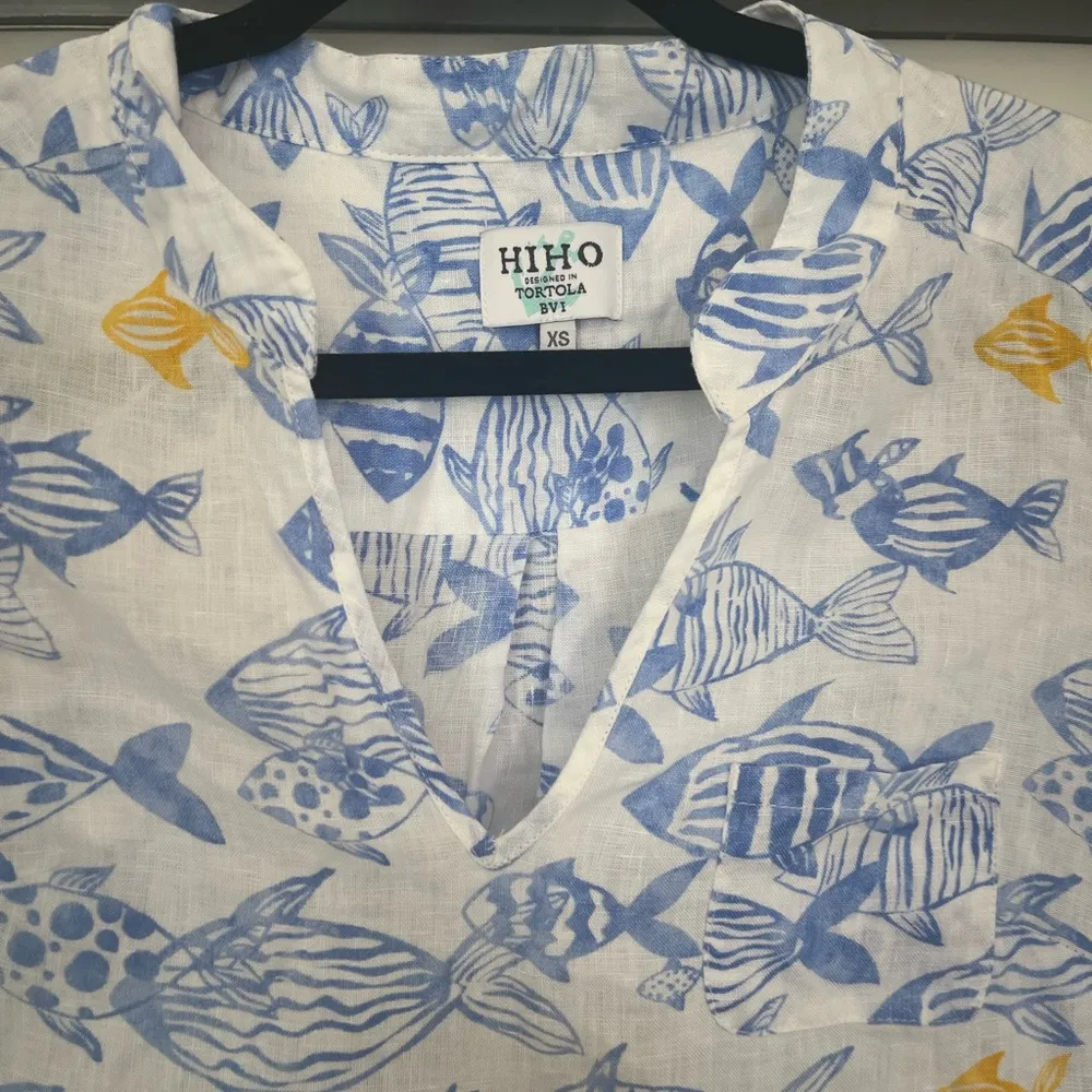 HIHO 100% Linen Tunic Dress Swim Coverup White with Blue & Yellow Fish Womens XS - Image 8