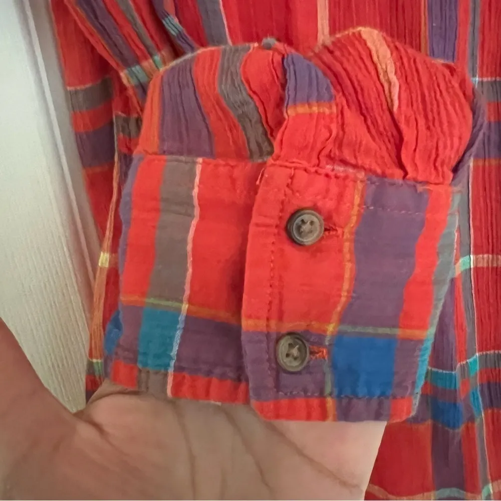 Merona women's size L top orange multicolor plaid LS collared button up EUC - Image 6