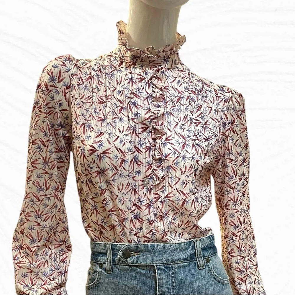 Vintage 70s Ruffle High Collar Floral Print Button Down Ivory Shirt Medium Red - Image 11