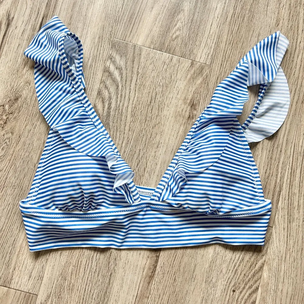 Aerie Longline Blue & White Striped Ruffle Swim Bikini Top Size L NWT - Image 3