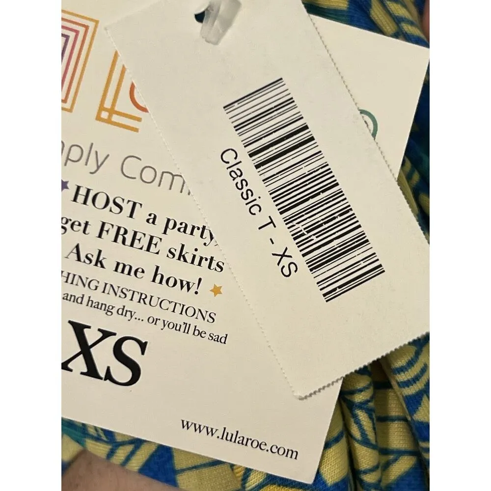 LuLaRoe Classic T Shirt XS Yellow Blue Tribal Print Short Sleeve Hi-Low Hem NWT - Image 6