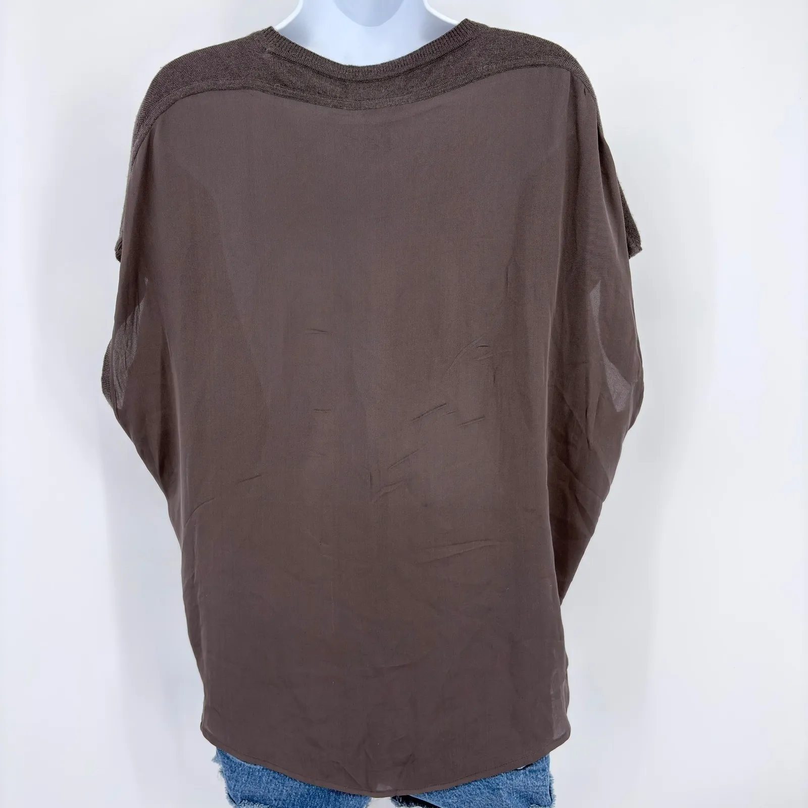 Vince Cashmere Silk Mixed Media Top Taupe Cap Sleeve Boxy M Poncho Effect - Image 4