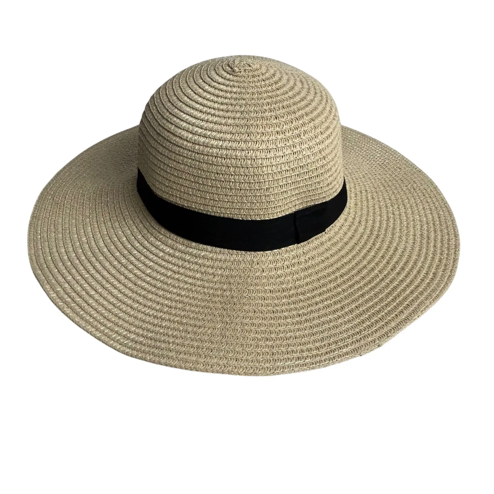 Wide Brim Straw Sun Hat Floppy Beach Vacation Fedora Black Band Tan - Image 5