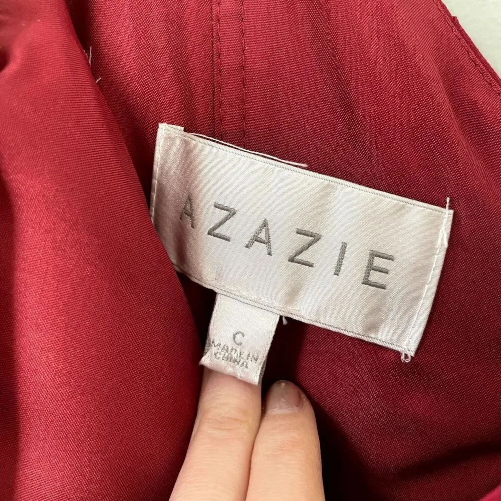 Azazie red knee length v-neck formal dress chiffon style ruched prom size small - Image 3