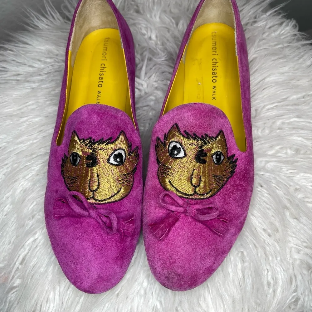 TSUMORI CHISATO Walk shoes flats with Pink Suede and embroidered Cats on top Size 7 - Image 12