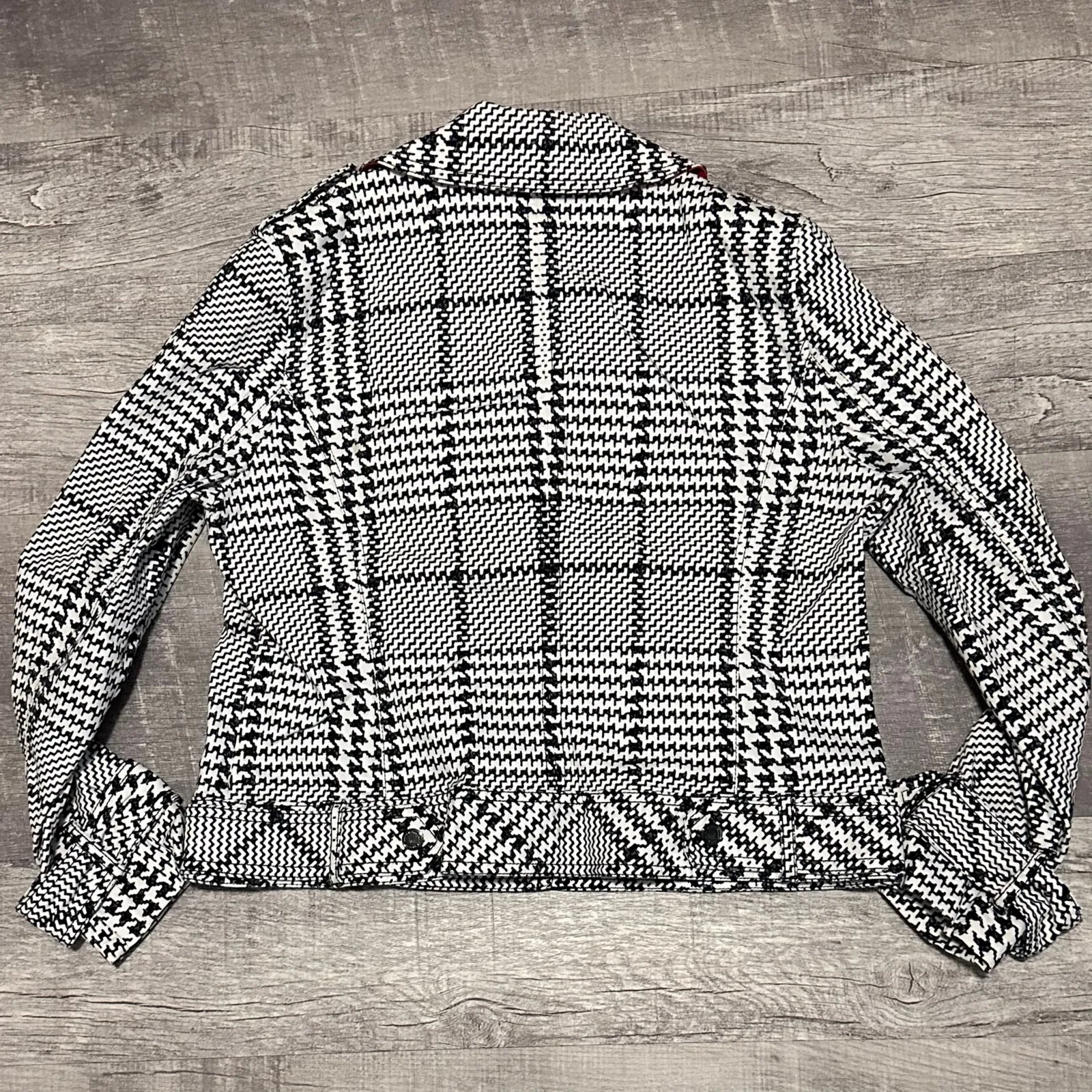 White House Black Market Plaid Houndstooth Moto Jacket Women 12 Black White Edgy - Image 5