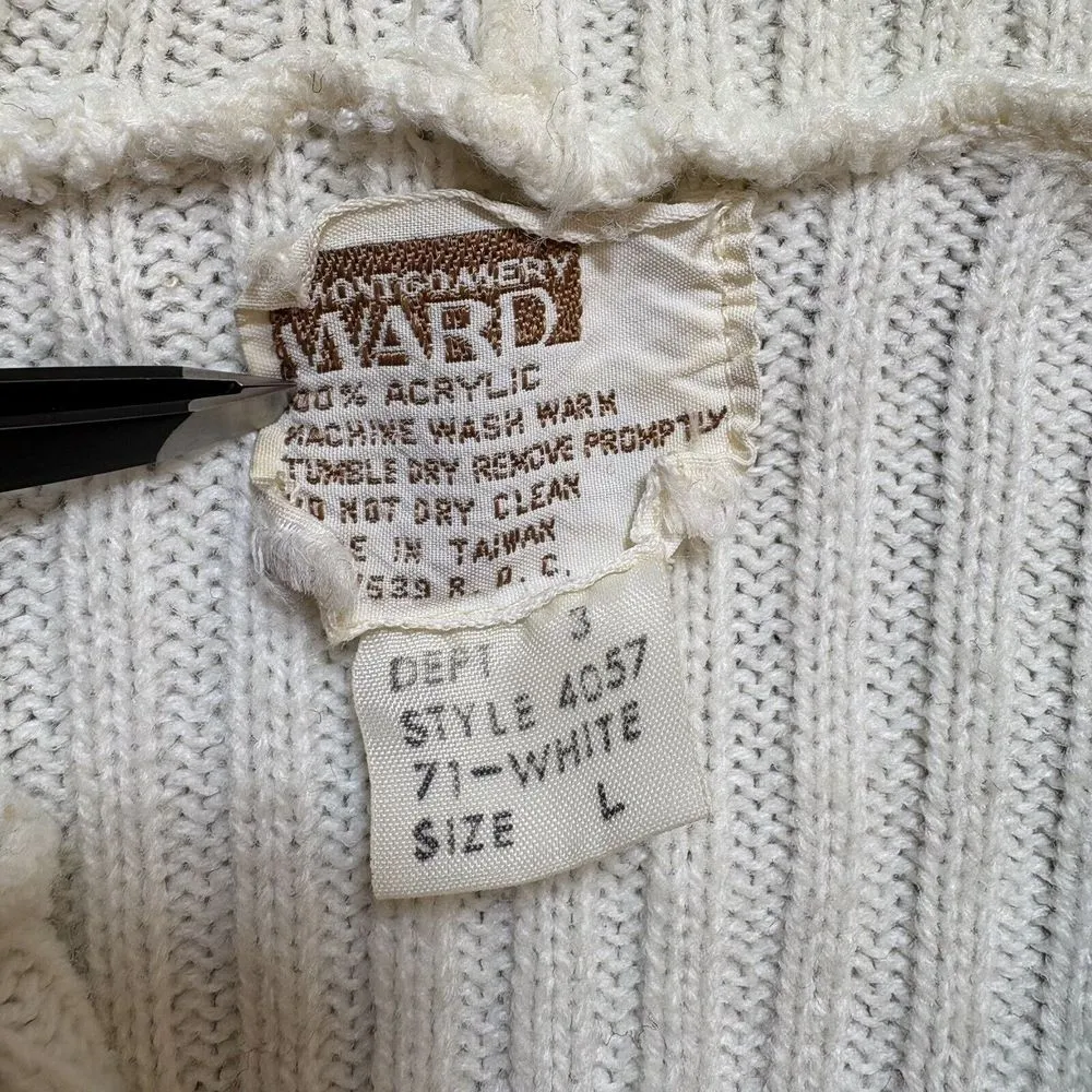 Vintage Montgomery Ward Cable Knit Hooded Cardigan Sweater Ivory w/ Wood Buttons Size L - Image 4