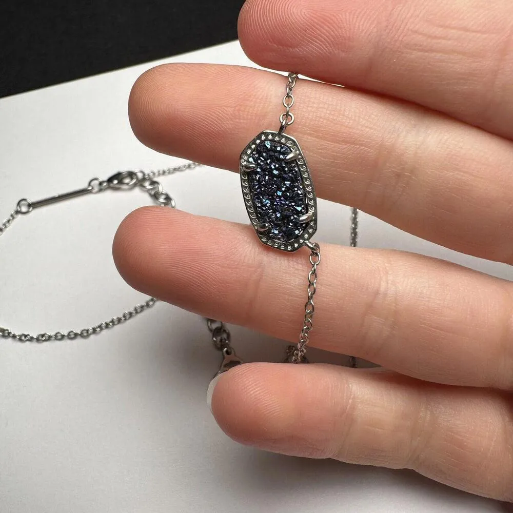 Kendra Scott Elisa Blue Drusy Silver Tone Necklace Adjustable Length - Image 7