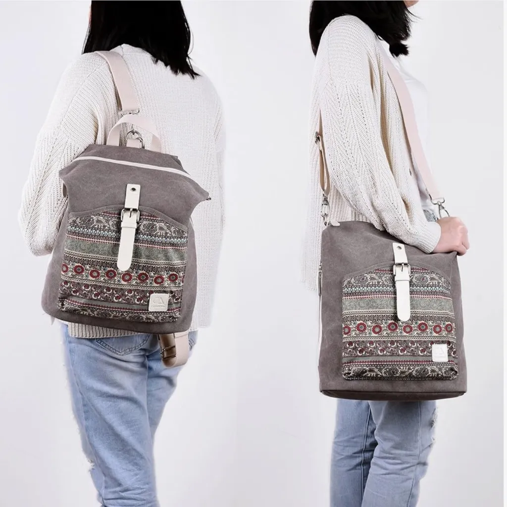 NWOT Canvas Artisan Floral Boho Convertible Crossbody Backpack Tote Bag Gray - Image 3