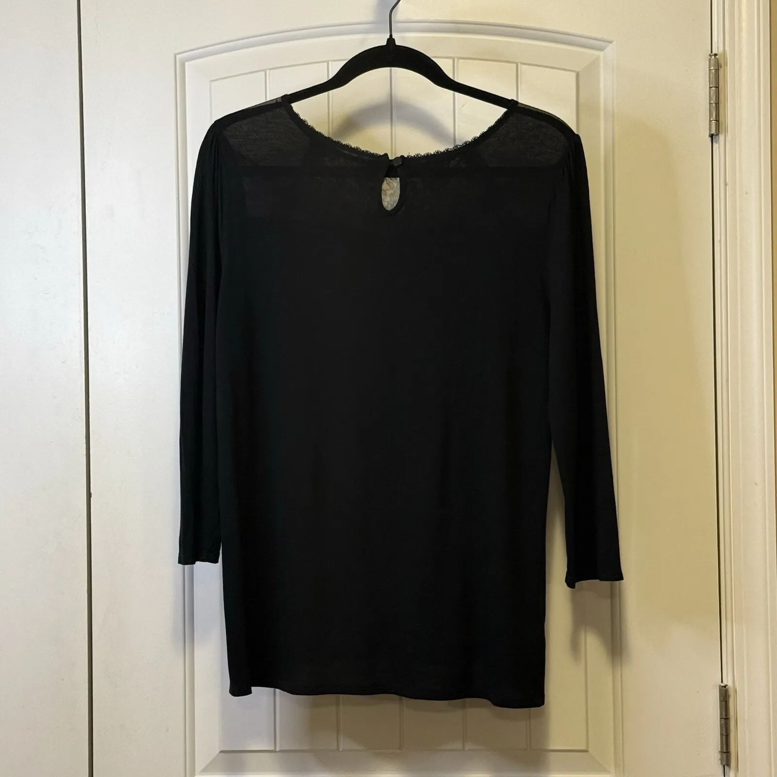 LOFT Women's Black Lace Inset Over Skin Tone Long Sleeve Key Hole Blouse Sz L‎ # - Image 5