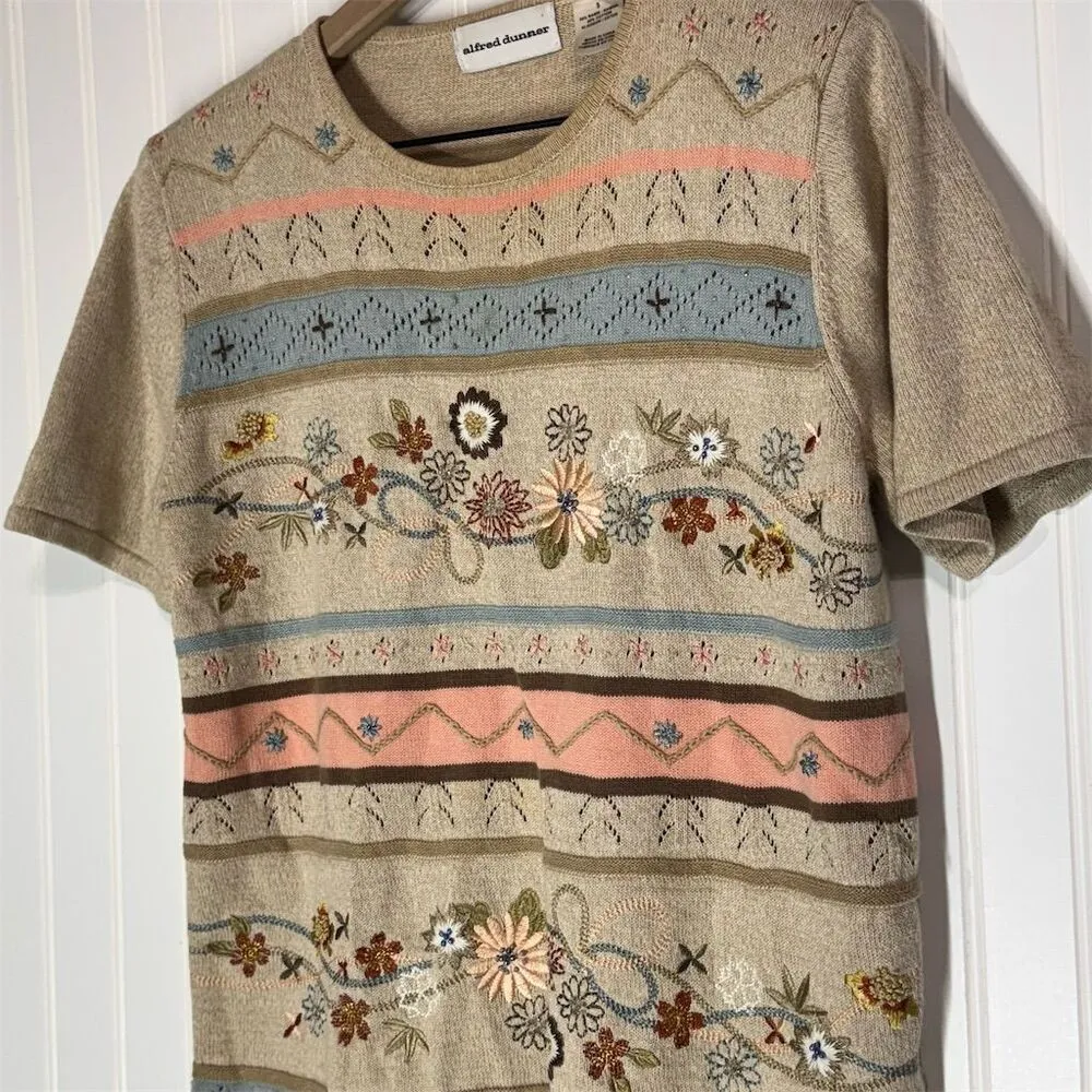 Alfred Dunner Knit Top S Floral Embroidered Pastel Cottagecore Ramie Cotton - Image 3