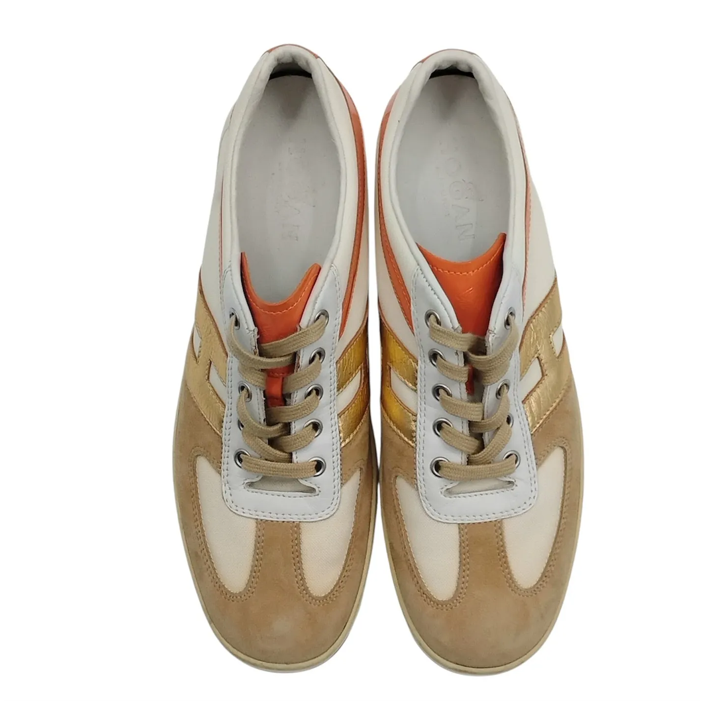 Hogan Womens Size 10 Logo Sneakers Trainers Orange Gold Tan Patent Leather Suede - Image 8