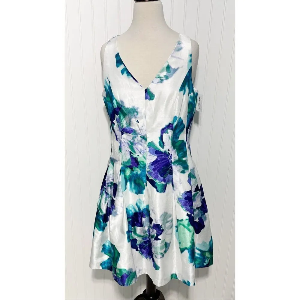 Dress Barn Floral Satin Sleeveless V- Neck Fit & Flare Mini Dress White Blue‎ 12 - Image 14