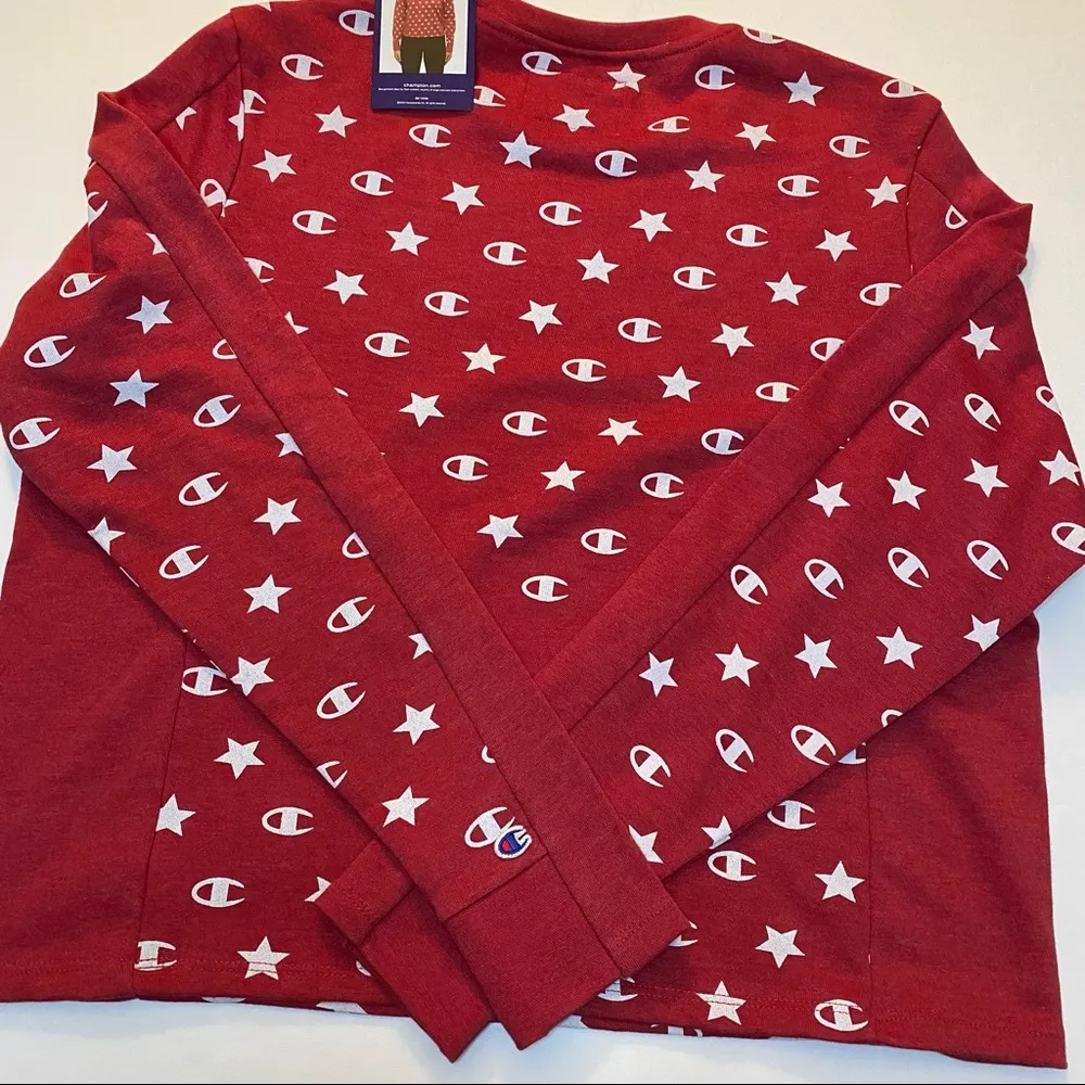 Champion Logo and Stars Pattern Printed Cropped Sweatshirt - Image 2
