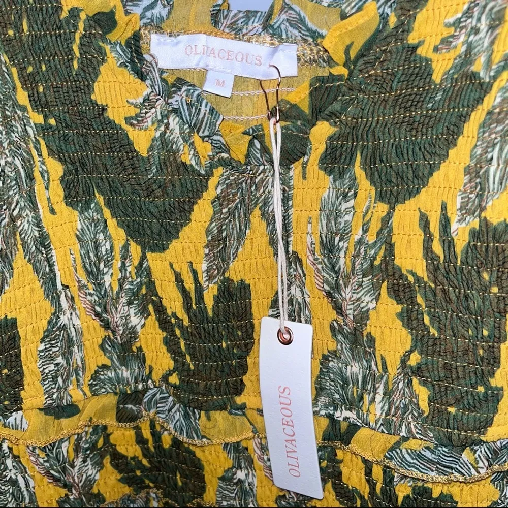 Yellow Green Palm Smocked Tiered Ruffle Short Mini Dress Medium NWT - Image 15