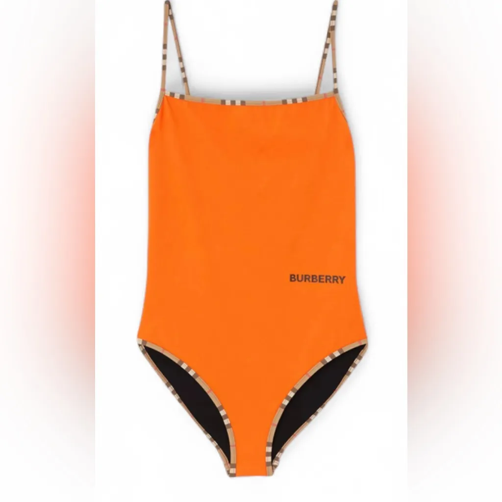 Burberry Icon Stripe Trim One Piece Women’s Bright Orange Swimsuit Size Small - Image 2